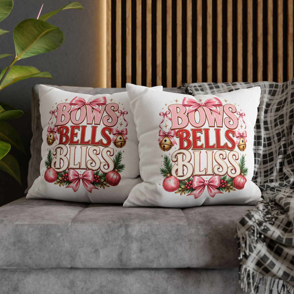 Christmas Bows Bells Bliss Decorative Pillowcase — Pink Christmas Holiday Throw Pillow Cover