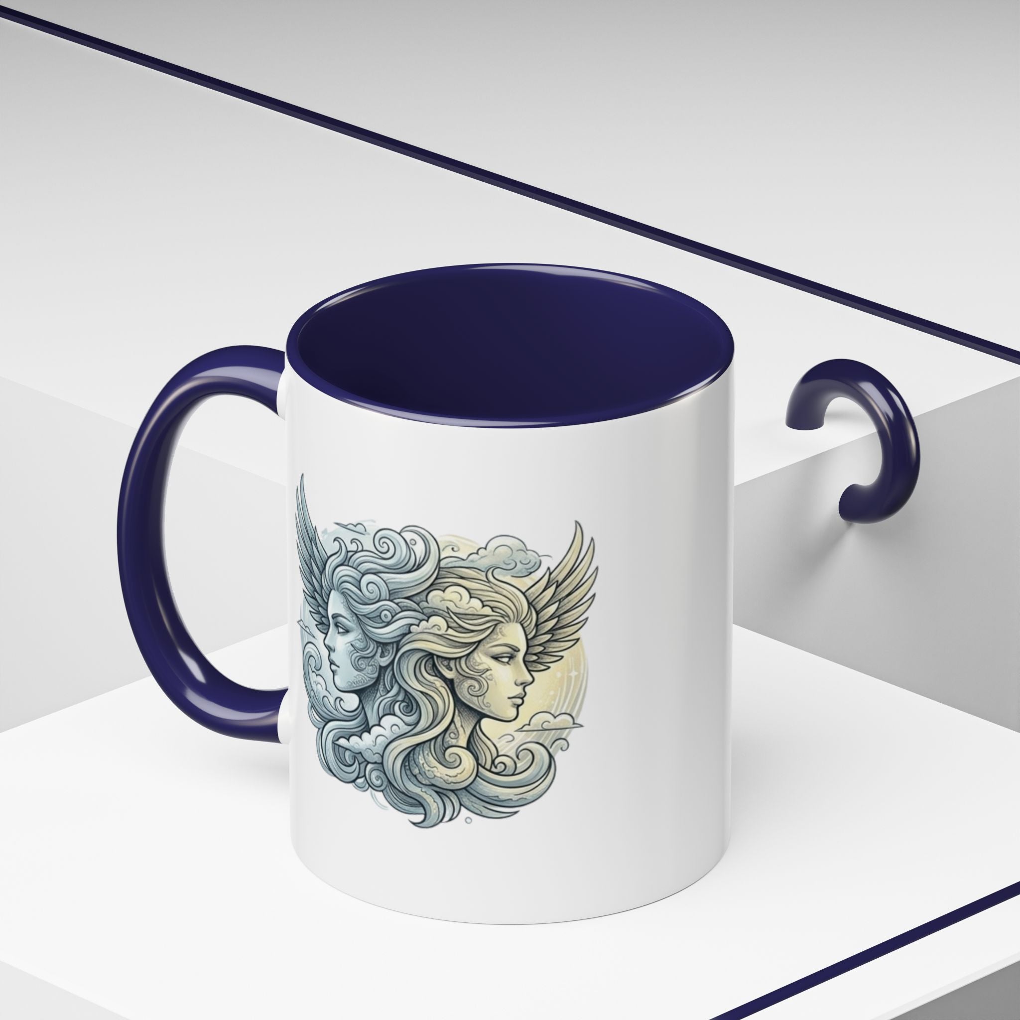 Gemini Twins Accent Coffee Mug — Sun & Moon Winged Faces Illustration