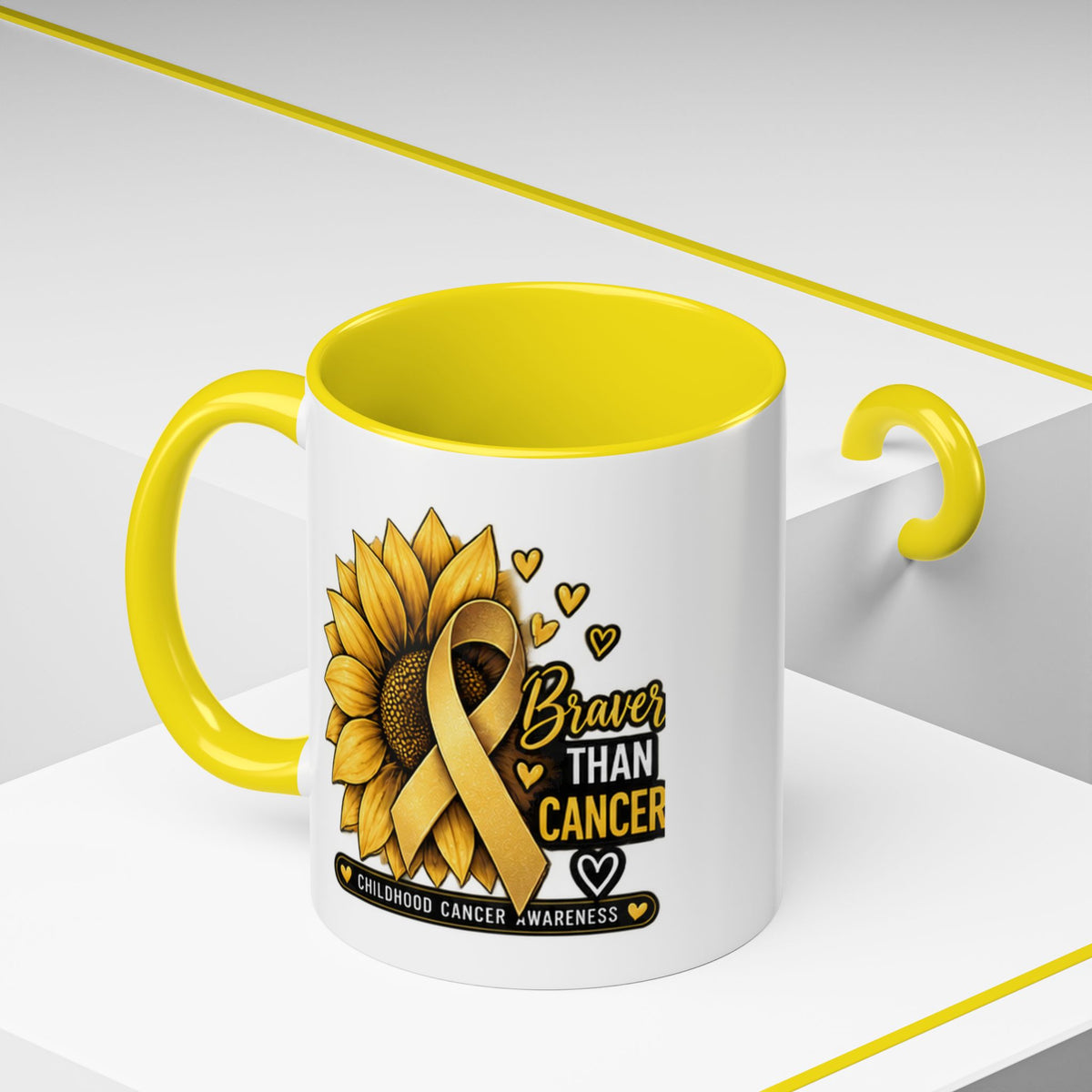 Childhood Cancer Awareness Mug — "Braver Than Cancer" Sunflower & Gold Ribbon