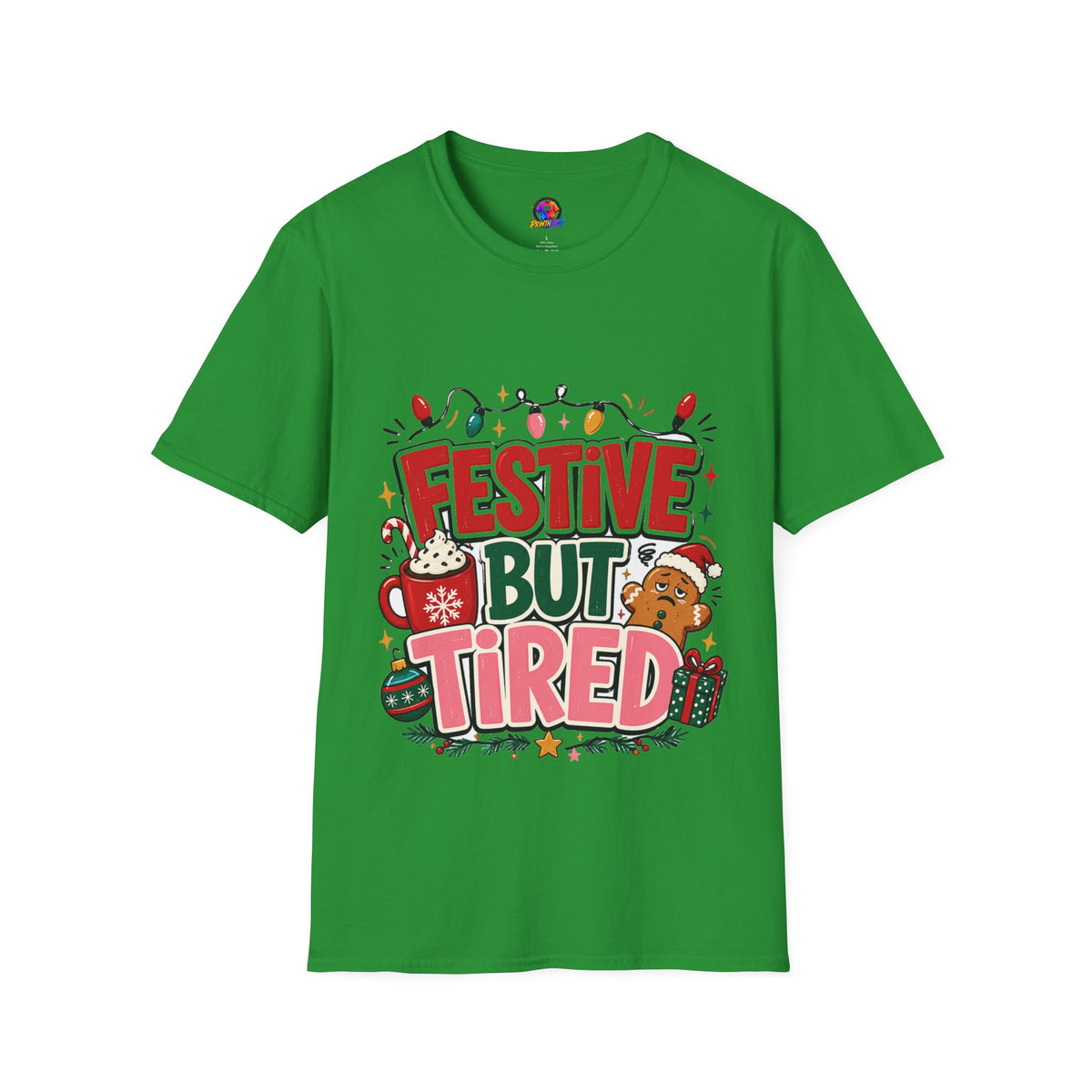 Festive But Tired T-Shirt — Holiday Christmas Crew Tee with Lights & Gingerbread