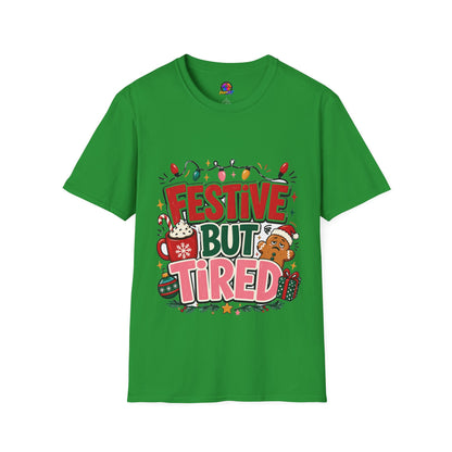 Festive But Tired T-Shirt — Holiday Christmas Crew Tee with Lights & Gingerbread