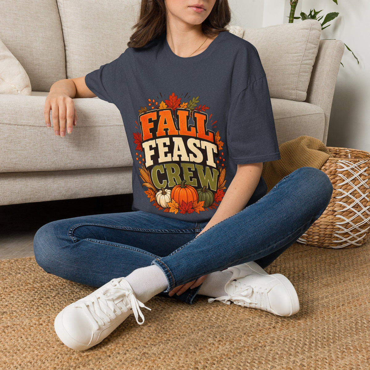 Thanksgiving T-Shirt Fall Feast Crew T-Shirt — Thanksgiving Pumpkin & Leaves Graphic Tee