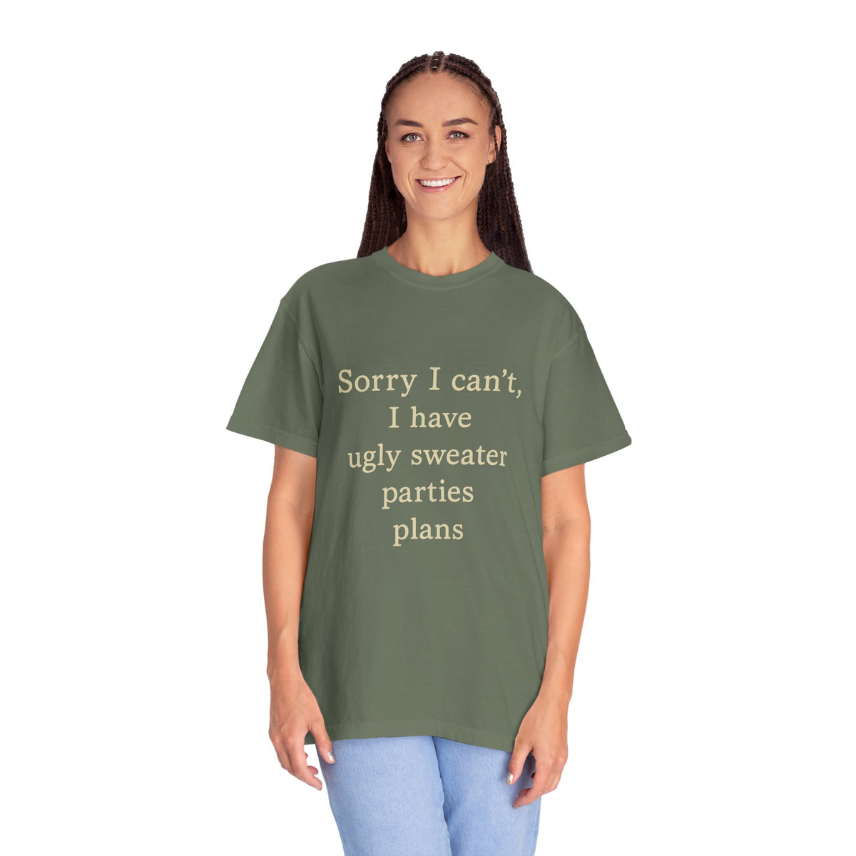 Funny Holiday Party Tee — "Sorry I can't, I have ugly sweater parties plans" T-Shirt - Trending Now - October 2026