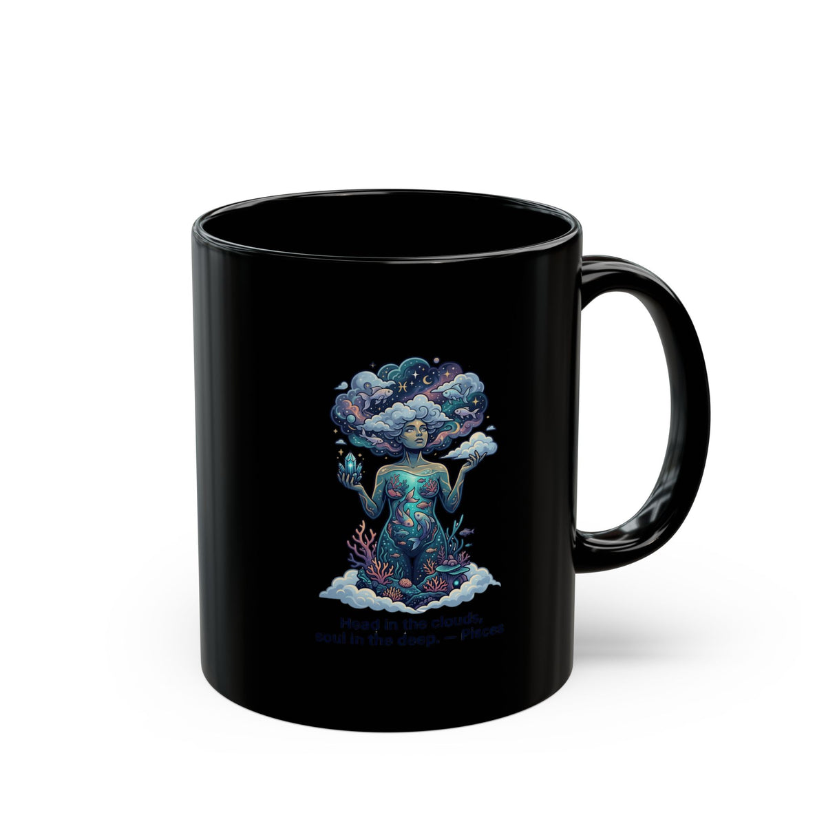 Pisces Zodiac Cosmic Goddess Black Mug — Mystical Night Sky Art Coffee Cup
