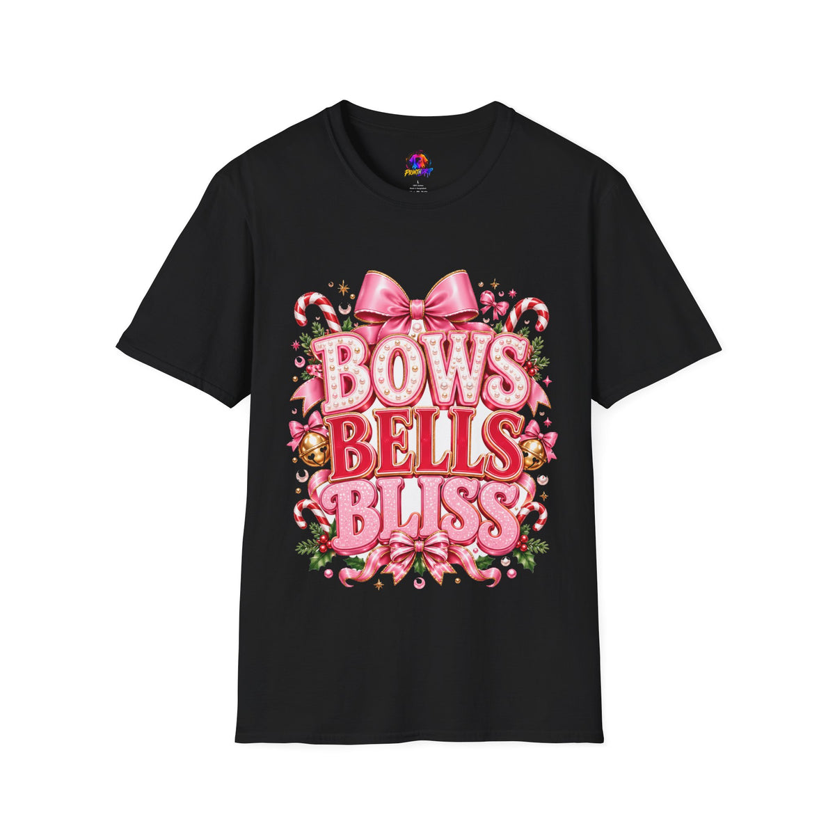 Bows Bells Bliss Christmas T‑Shirt — Pink Holiday Bow Graphic