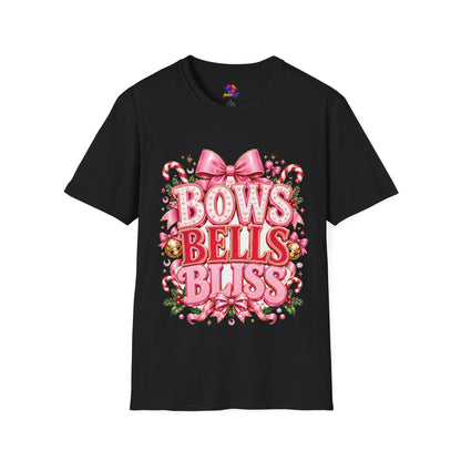 Bows Bells Bliss Christmas T‑Shirt — Pink Holiday Bow Graphic