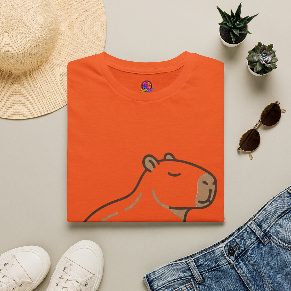 Cute Relaxed Capybara T-Shirt — Minimal Cartoon Capybara Graphic Tee