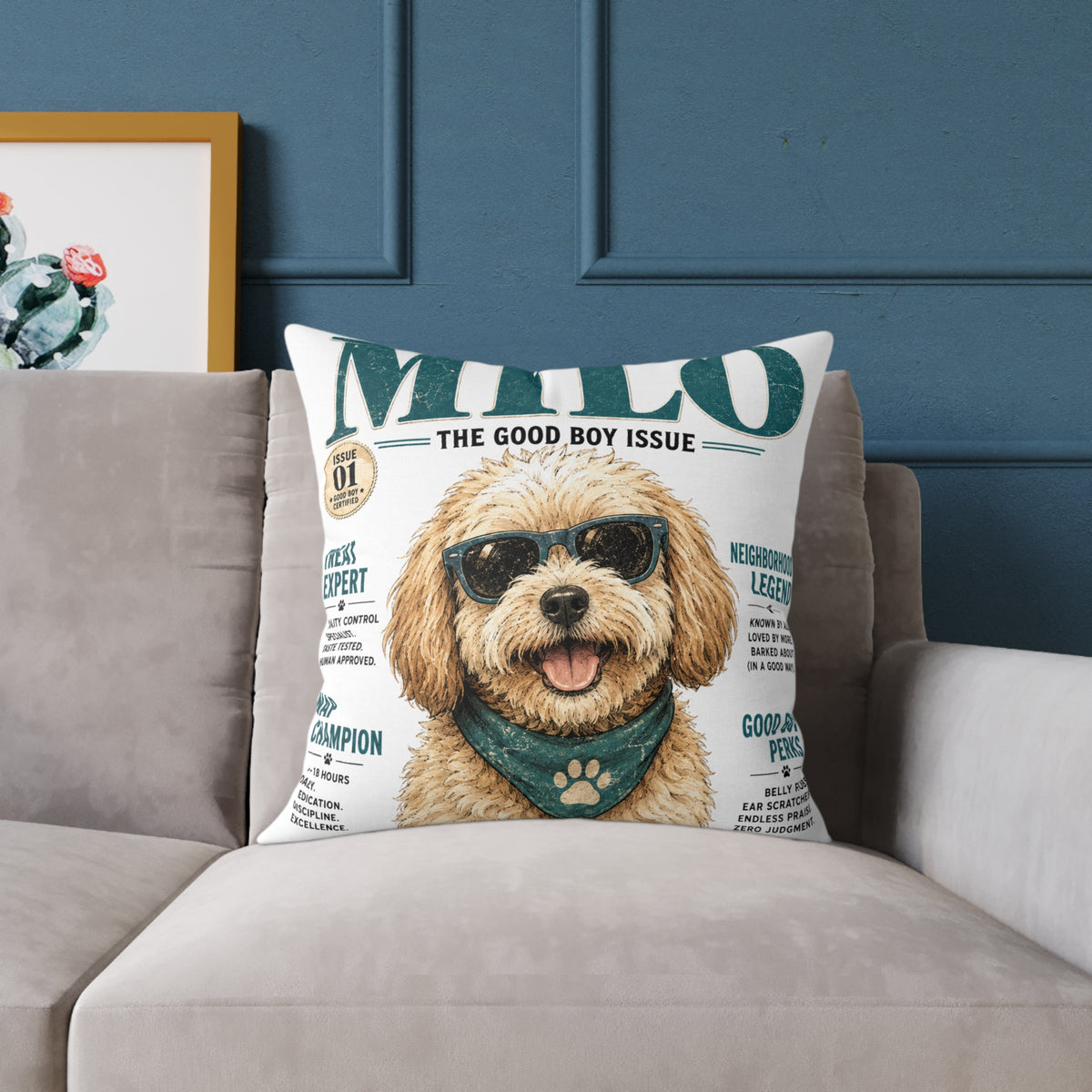 Milo 'The Good Boy Issue' Square Throw Pillow - Milo Bailey Dog Dad Mom Cute Dog Magazine Cover Decor