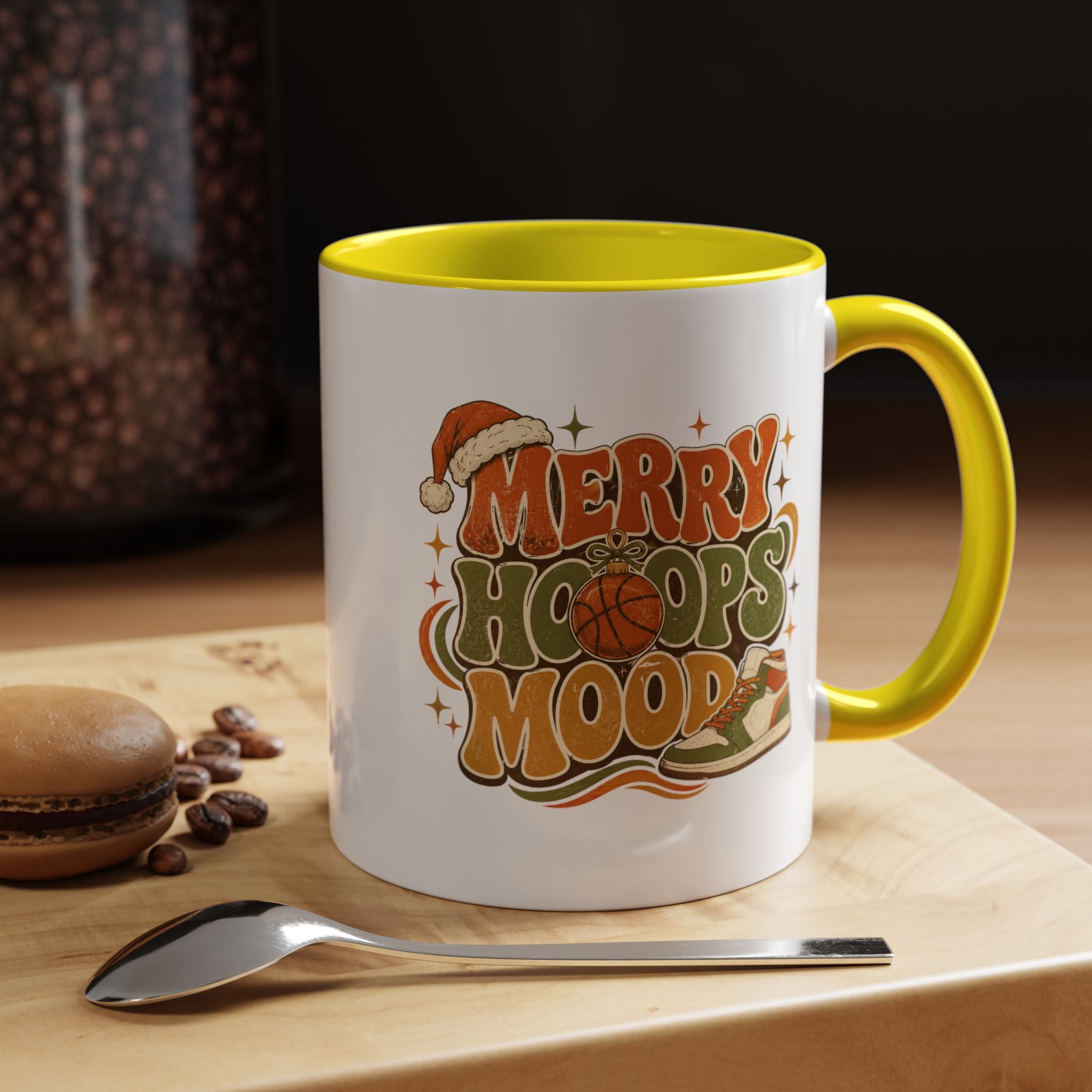 Modern Day Christmas Merry Hoops Mood Accent Coffee Mug — Retro Basketball Christmas Design