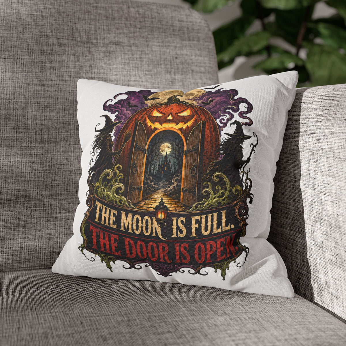 Halloween Pumpkin Door Pillowcase - "The Moon Is Full, The Door Is Open" Spun Polyester Throw Pillow