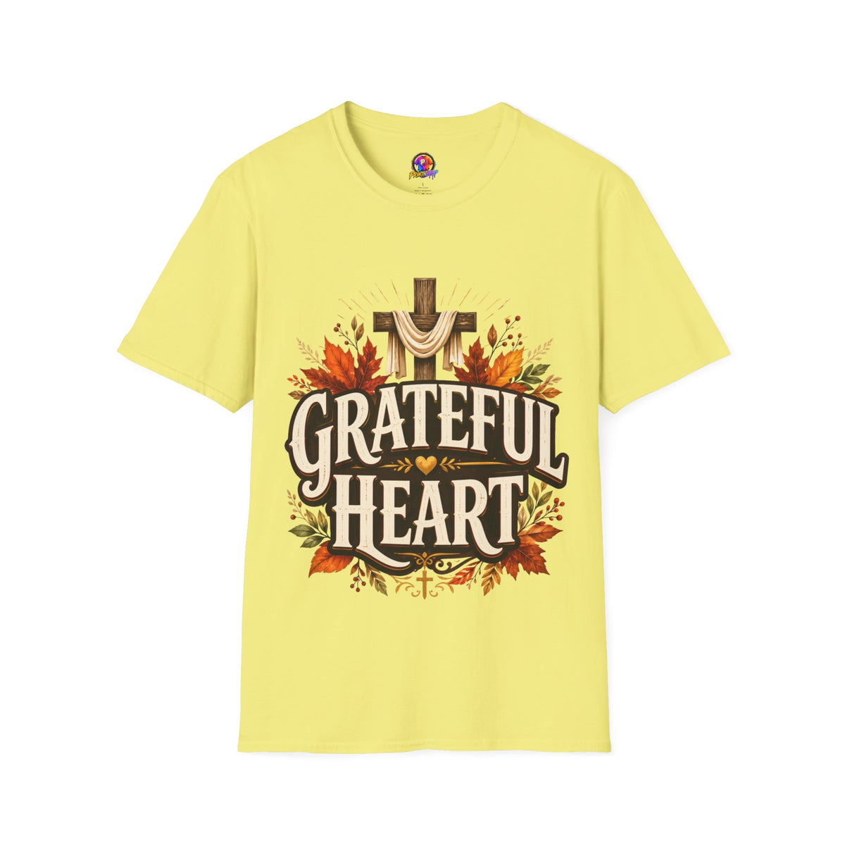 Thanksgiving T-Shirt Grateful Heart T-Shirt — Christian Cross & Autumn Leaves Thanksgiving Tee