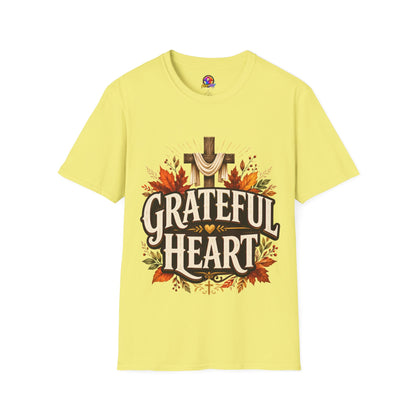 Grateful Heart T-Shirt — Christian Cross & Autumn Leaves Thanksgiving Tee
