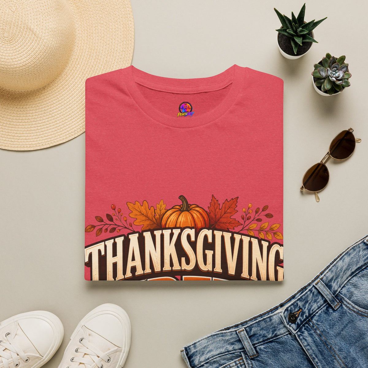 Thanksgiving T-Shirt Crew T-Shirt— Festive Pumpkin & Fall Leaves Holiday Tee