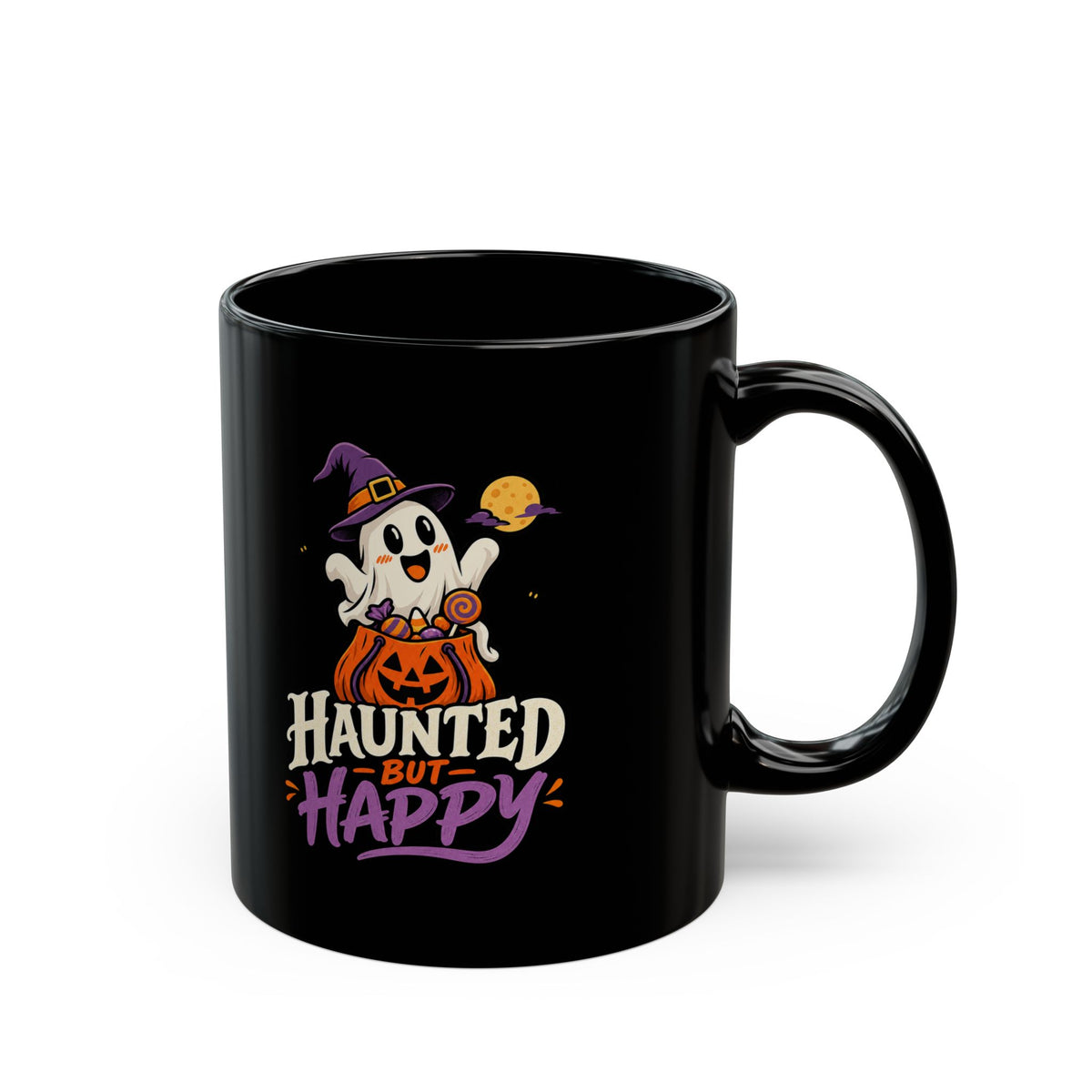 Haunted But Happy Halloween Mug — Cute Ghost Pumpkin Black Coffee Cup