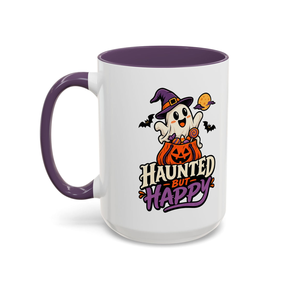Haunted But Happy Coffee Mug — Halloween Ghost Pumpkin Accent Mug (11/15oz)
