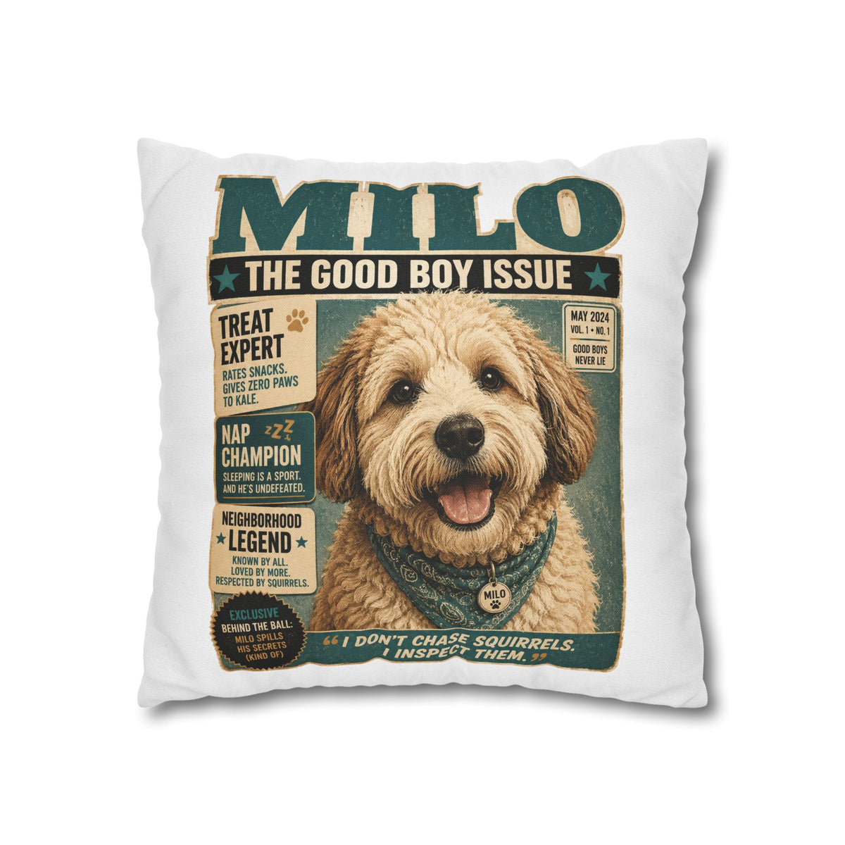 Dog Magazine Cover Pillowcase Milo Bailey Dog Dad Mom– "Milo: The Good Boy Issue" Decorative Throw Pillow