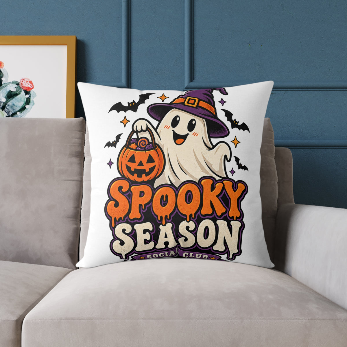 Spooky Season Halloween Pillow - Cute Ghost & Pumpkin Square Throw Pillow