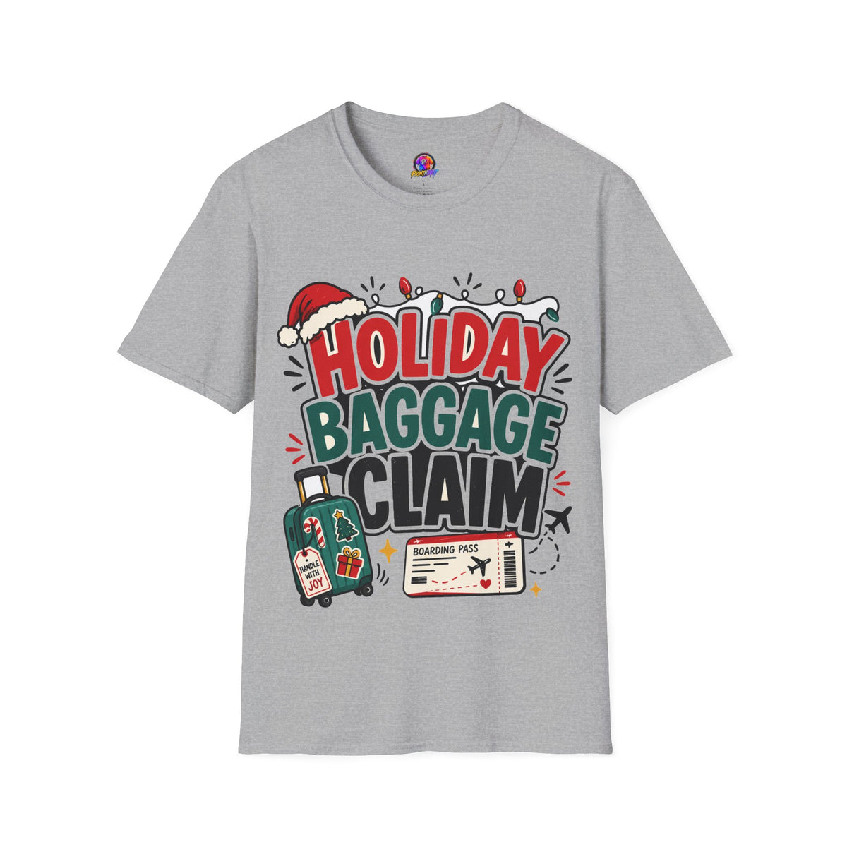 Holiday Baggage Claim T-Shirt — Funny Christmas Vacation Tee with Santa Hat & Lights