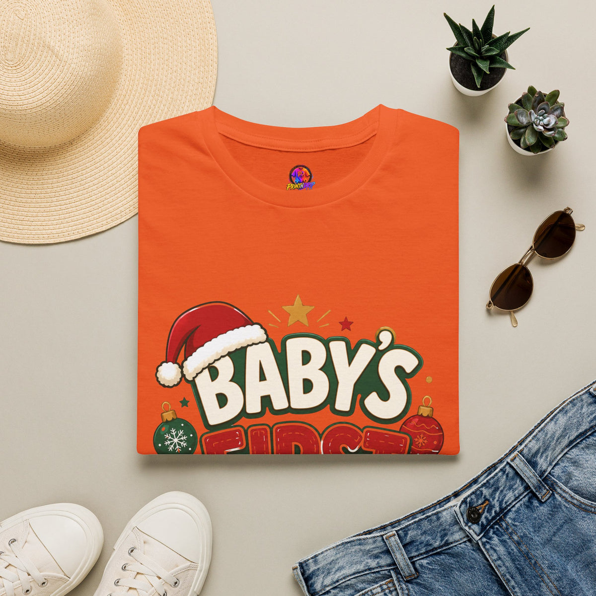 Baby's First Christmas T-Shirt — Festive Santa Hat & Ornaments Holiday Tee