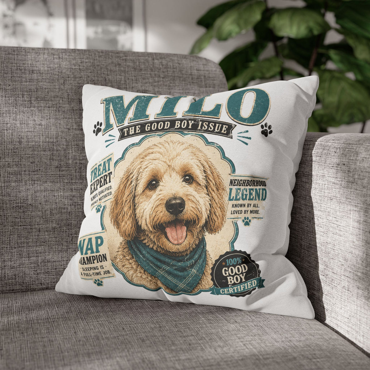Milo 'The Good Boy Issue' Decorative Dog Pillowcase — Personalized Pet Name Cushion Cover Milo Bailey Dog Dad Mom