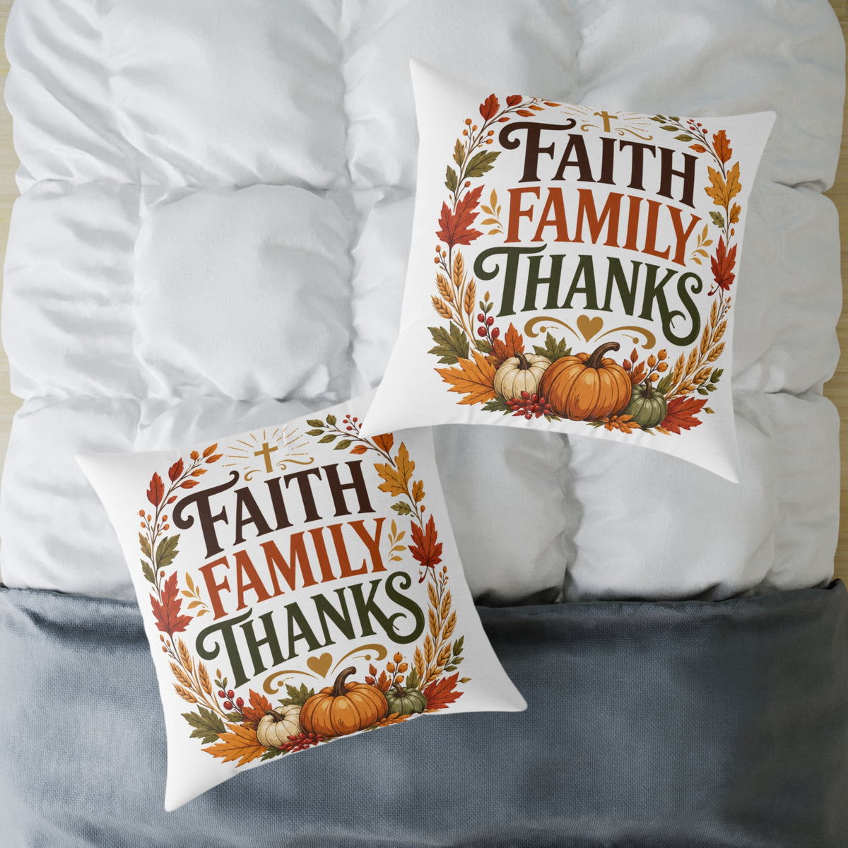 Thanksgiving Faith Family Thanks Fall Pillow — Thanksgiving Pumpkin Accent Cushion