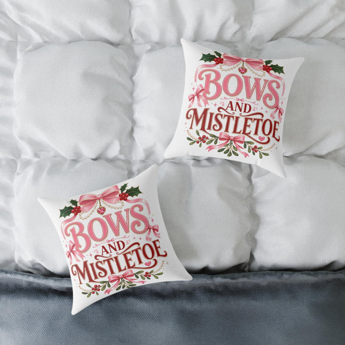 Christmas Bows And Mistletoe Square Poly Canvas Pillow