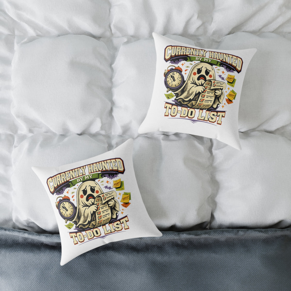 Halloween Square Poly Canvas Pillow — “Currently Haunted by My To-Do List” Halloween Ghost Decorative Throw Pillow