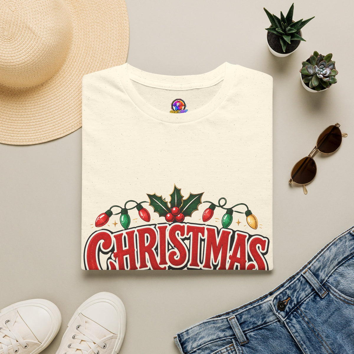 Christmas Crew T-Shirt — Festive Holiday Graphic Tee with Lights & Holly