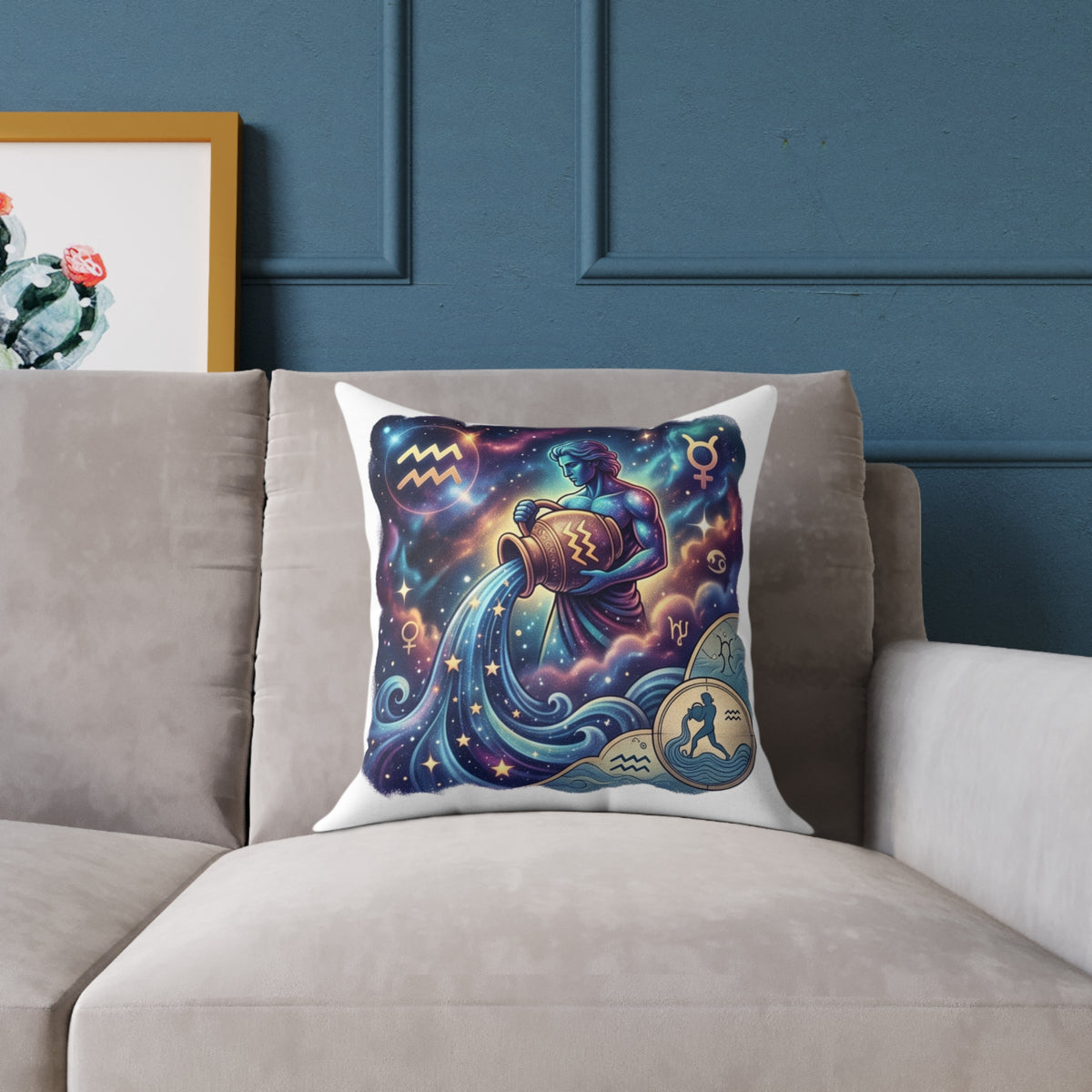 Aquarius Zodiac Pillow – Illustrated Astrological Water Bearer Throw Cushion