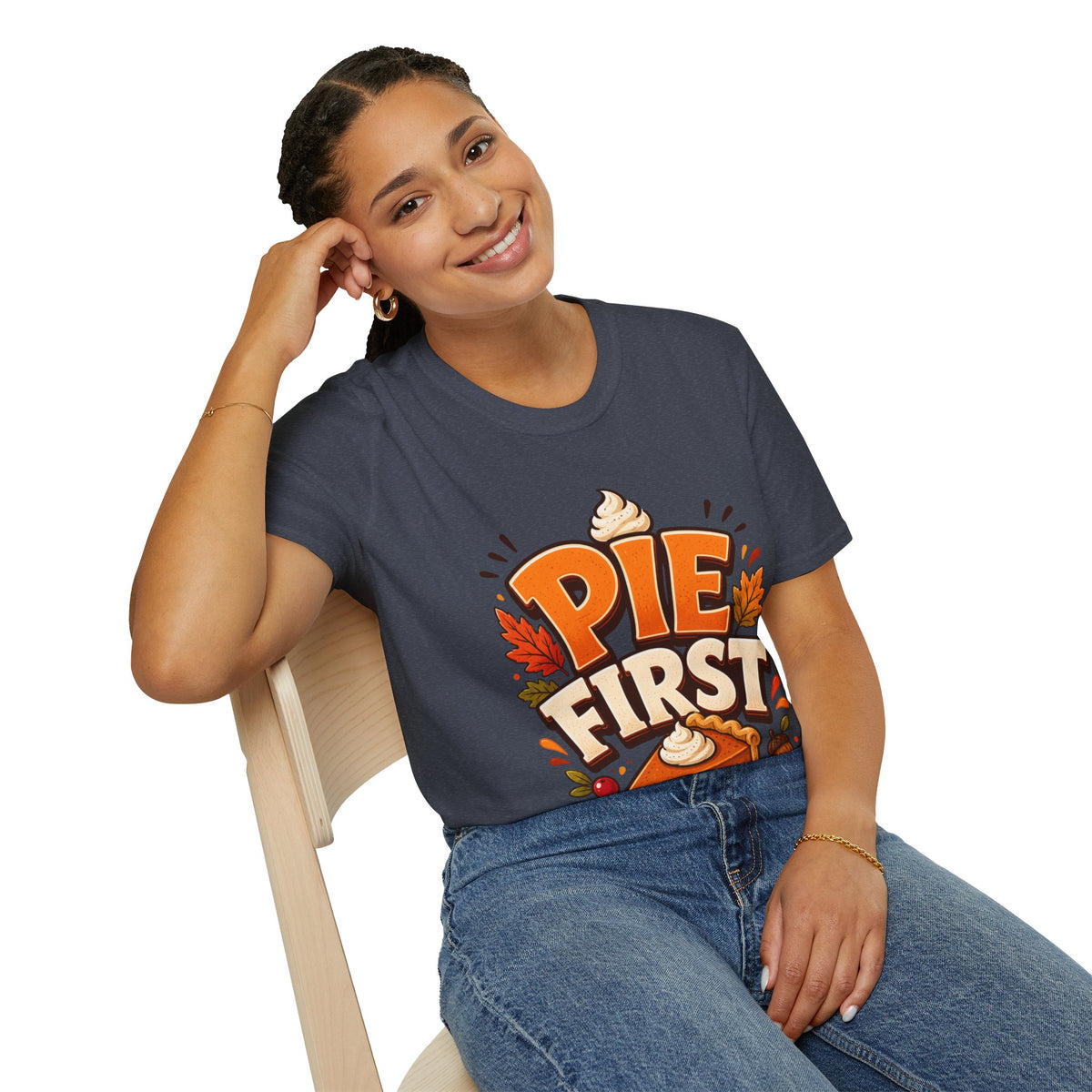 Thanksgiving T-Shirt Pie First T-Shirt — Funny Thanksgiving Pumpkin Pie Graphic Tee