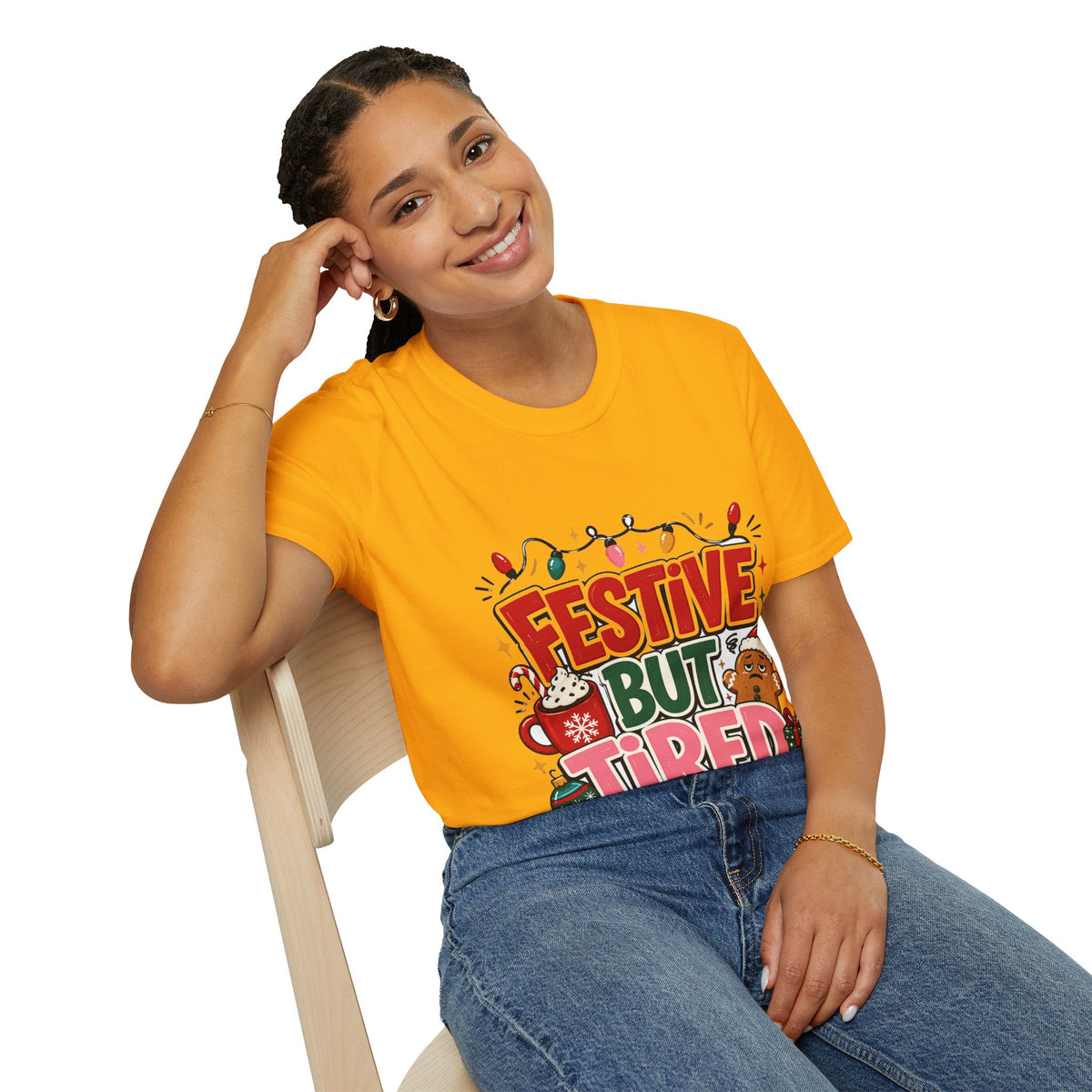 Festive But Tired T-Shirt — Holiday Christmas Crew Tee with Lights & Gingerbread