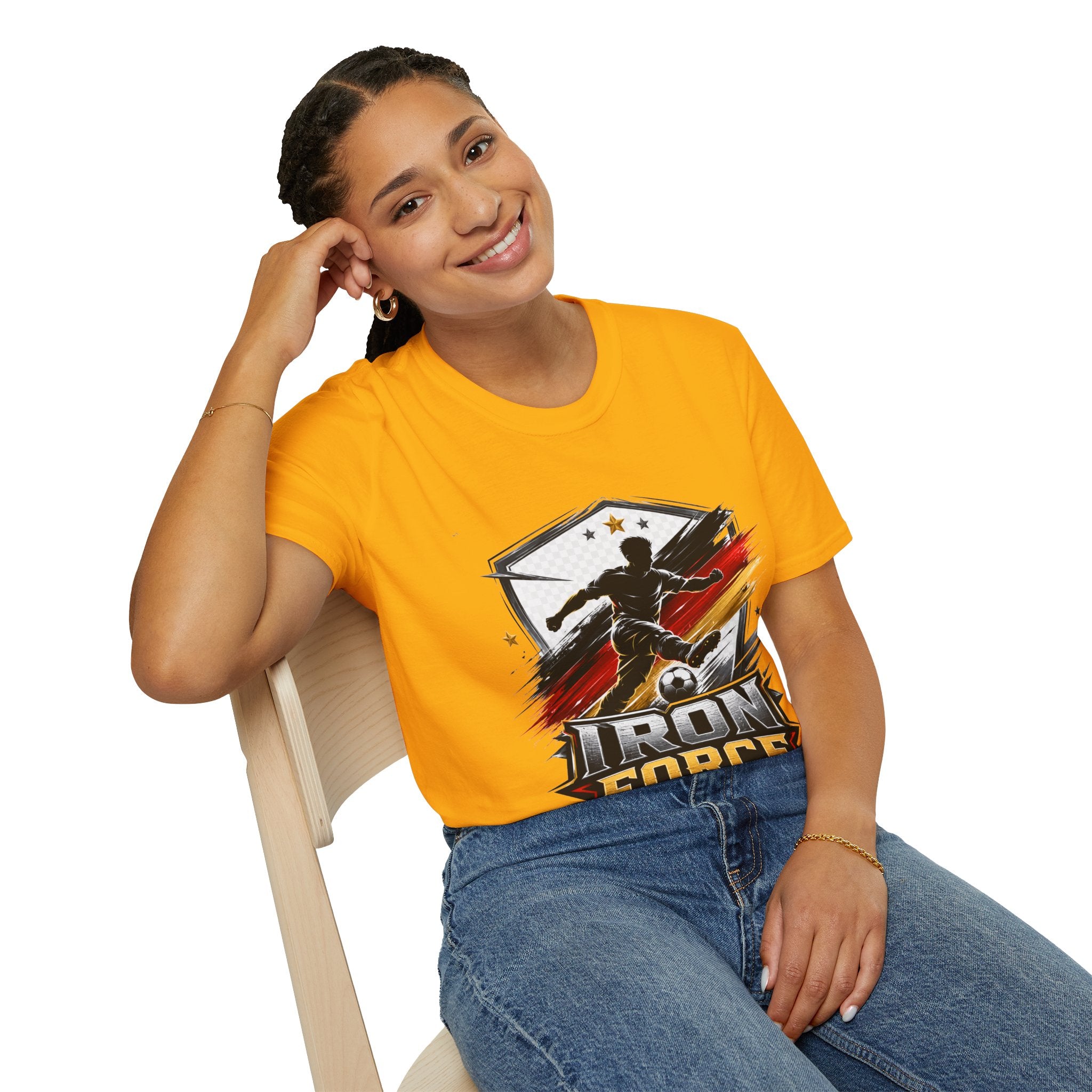 Germany Soccer 'Iron Force' Graphic T-Shirt — Player Silhouette with Red & Gold Brushstroke Emblem