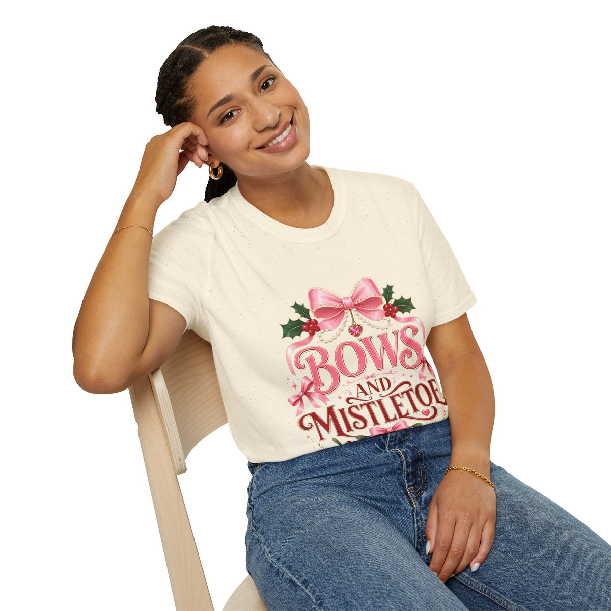 Bows and Mistletoe T-Shirt — Pink Holiday Bow Christmas Tee