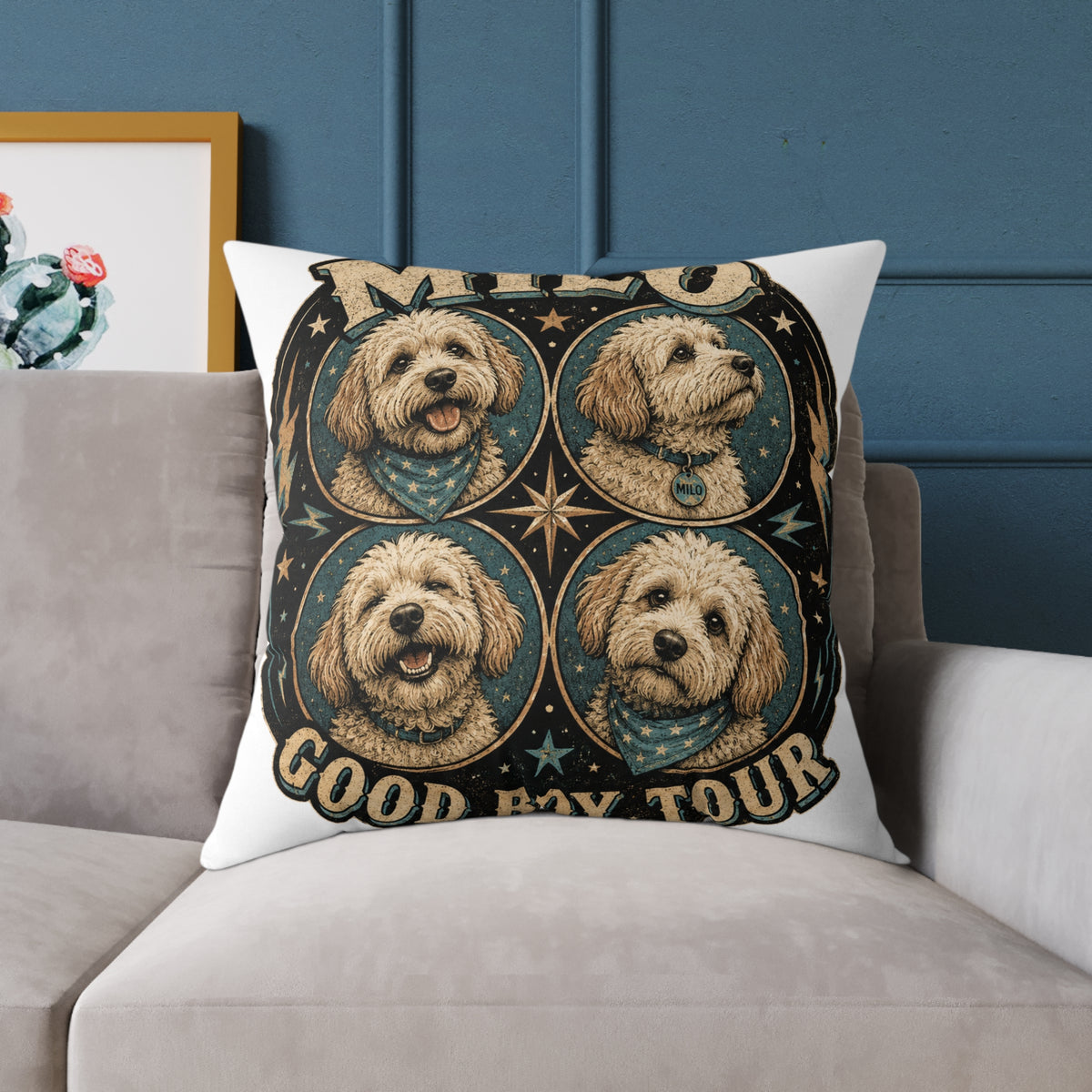Personalized Dog Pillow  Milo Bailey Dog Dad Mom— 'Milo' Retro Pet Portrait Cushion (Good Boy Tour Design)