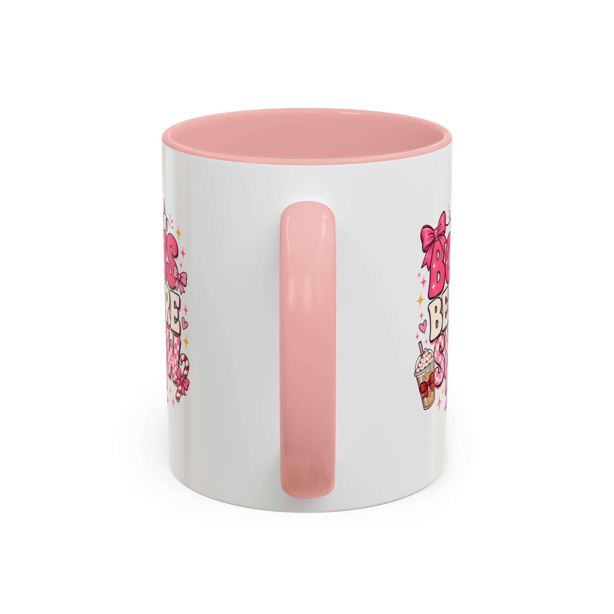 Modern Day Christmas Bows Before Snow Accent Coffee Mug — Cute Pink Holiday Hot Cocoa Design (11/15oz)