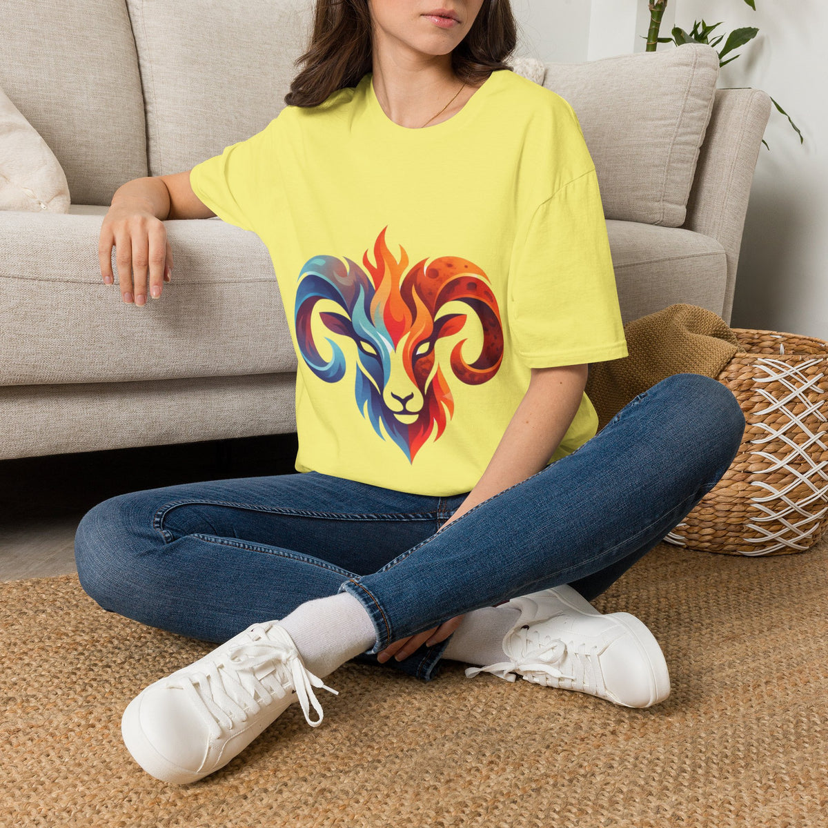 Aries Zodiac Ram Head Flame Graphic T-Shirt — Bold Aries Zodiac Tee