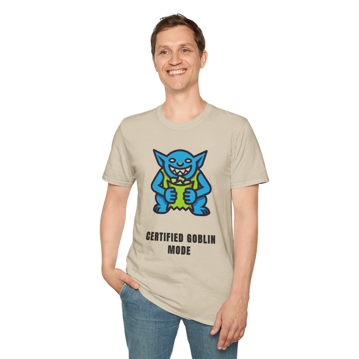 Gritty Goblin Graphic Tee - Cute Blue Goblin "Destined Goblin Mode" T-Shirt - Trending Now - September 2026