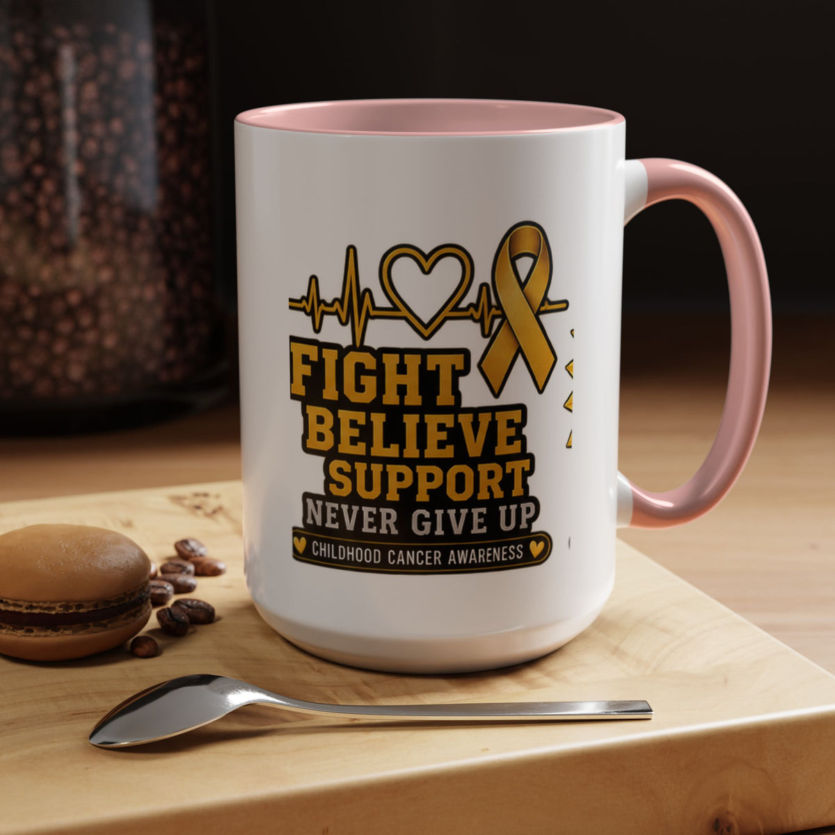 Childhood Cancer Awareness Accent Coffee Mug — "Fight Believe Support" 11/15oz