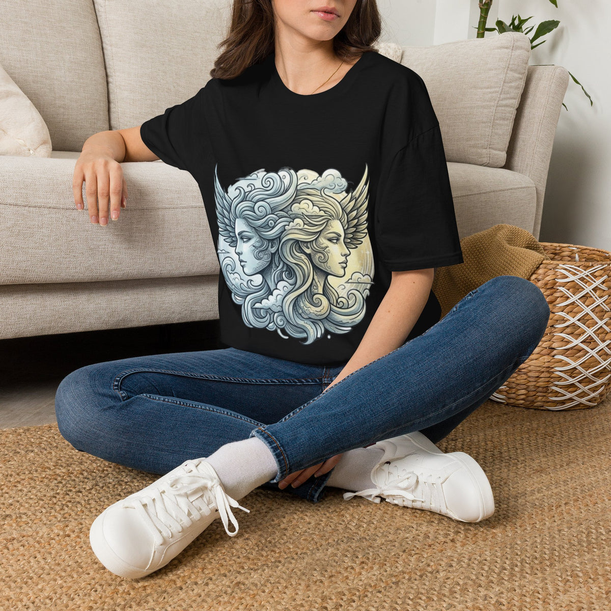 Mythic Moon & Sun Faces T-Shirt — Celestial Duality Graphic Tee