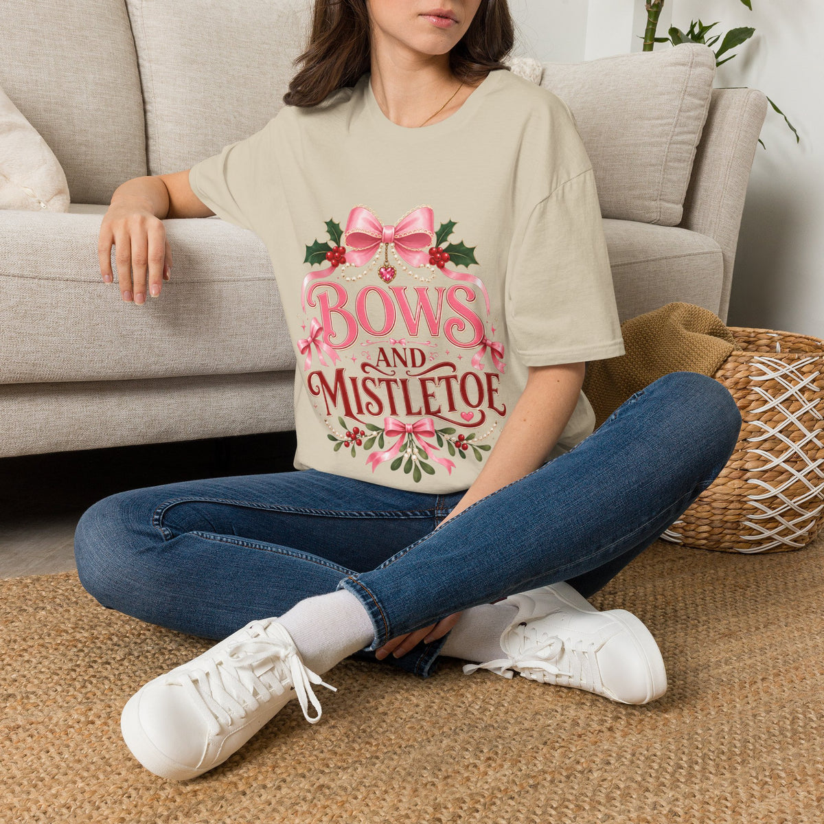 Bows and Mistletoe T-Shirt — Pink Holiday Bow Christmas Tee