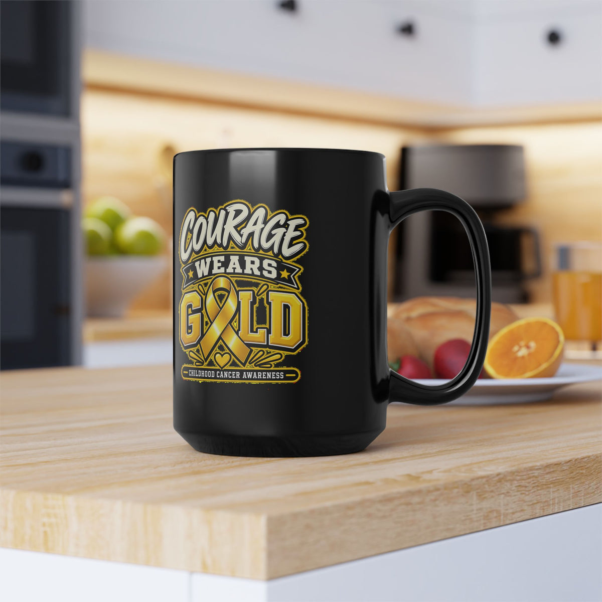 Courage Wears Gold Childhood Cancer Awareness Black Mug (11oz, 15oz)