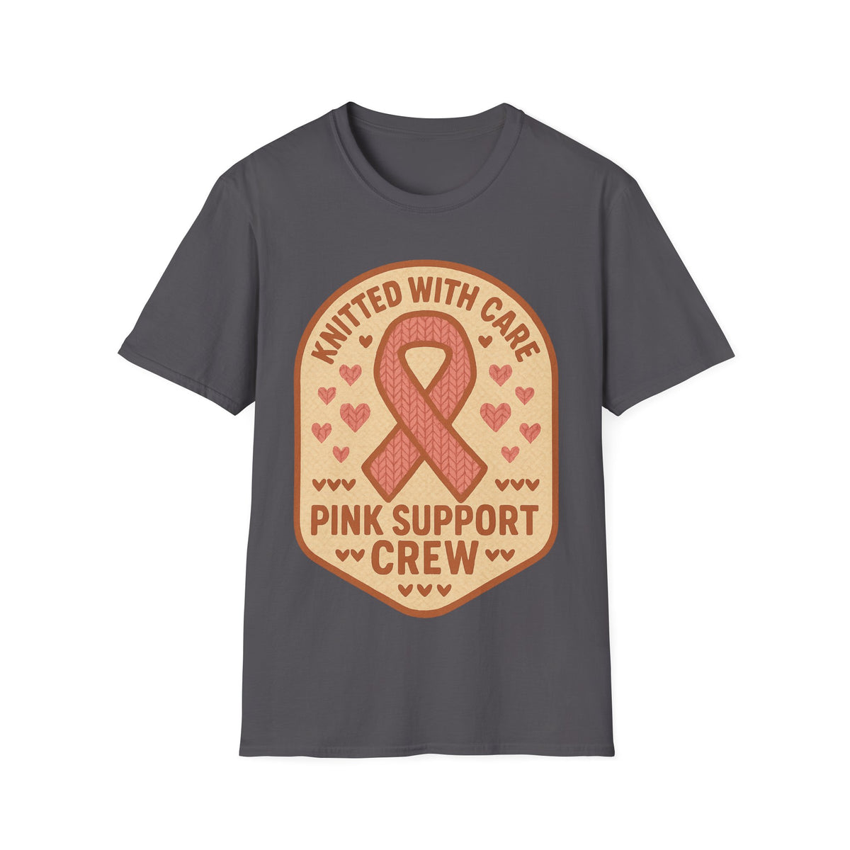 Pink Support Crew Knitted With Care Shield Badge T-Shirt, Breast Cancer Awareness Tee - Trending Now - September 2026