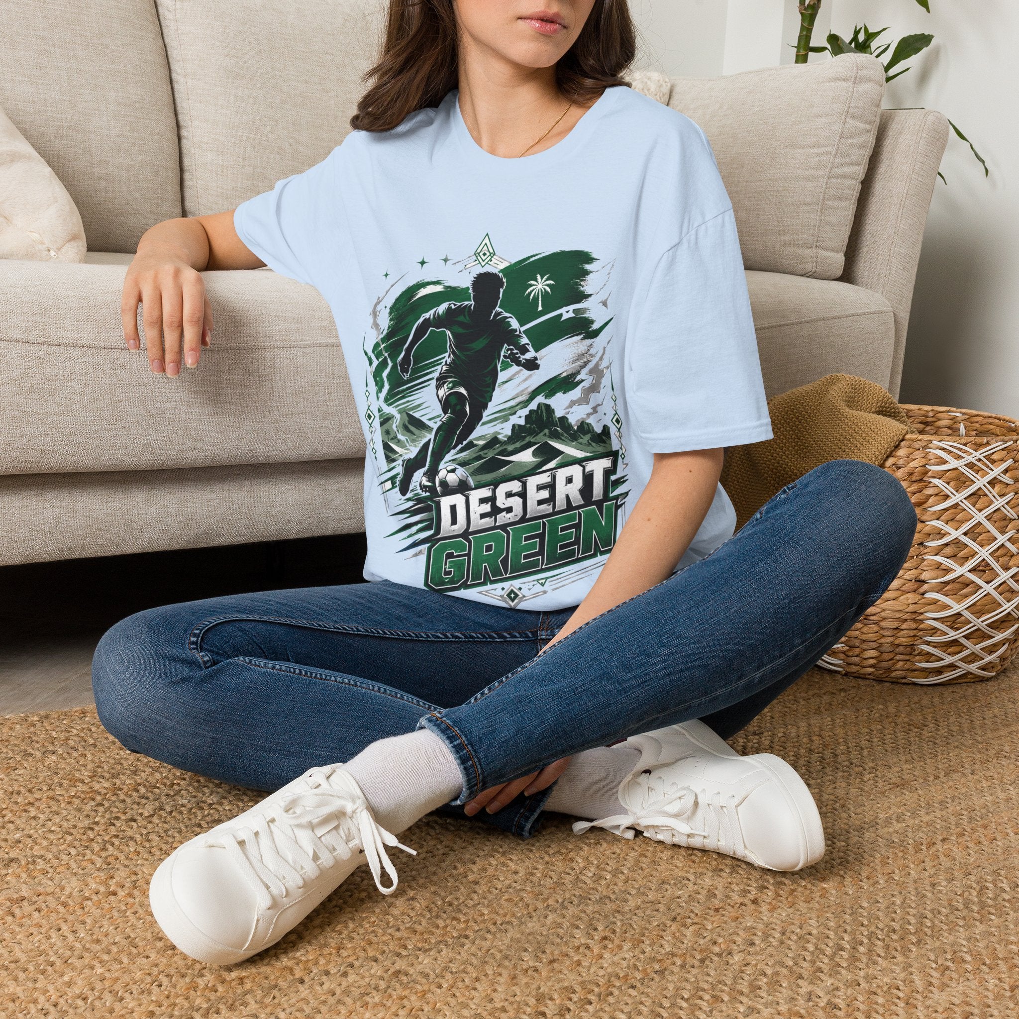 Saudi Arabia Desert Green Soccer T-Shirt — Silhouette Player Graphic