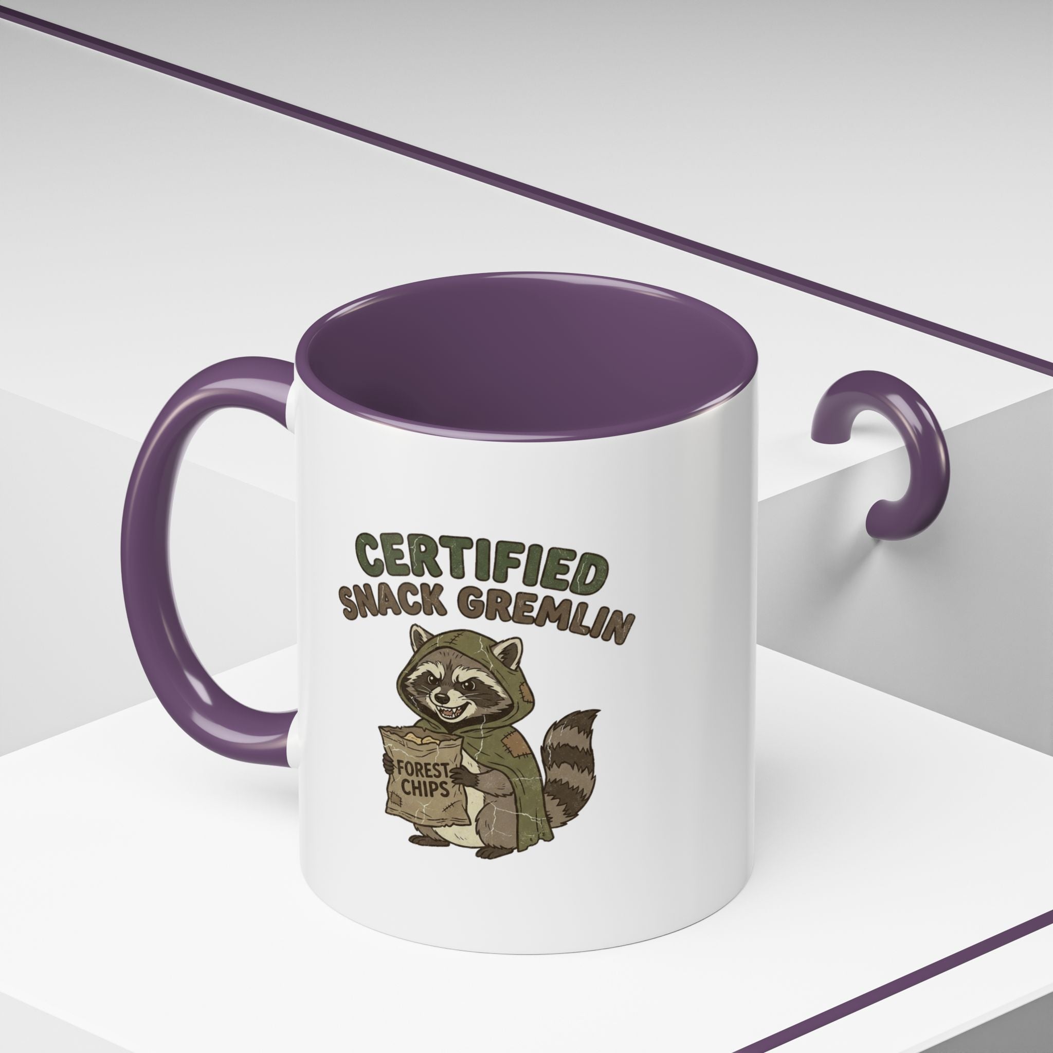 Funny Certified Snack Gremlin Coffee Mug — Cute Raccoon Snack Lover Accent Mug