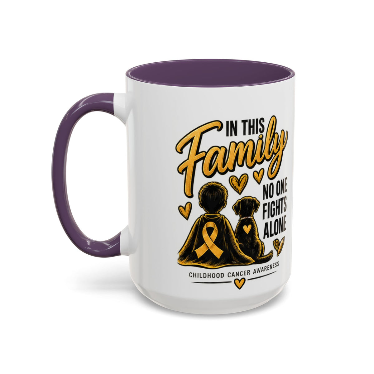 Childhood Cancer Awareness Accent Coffee Mug – "In This Family No One Fights Alone" (11/15oz)