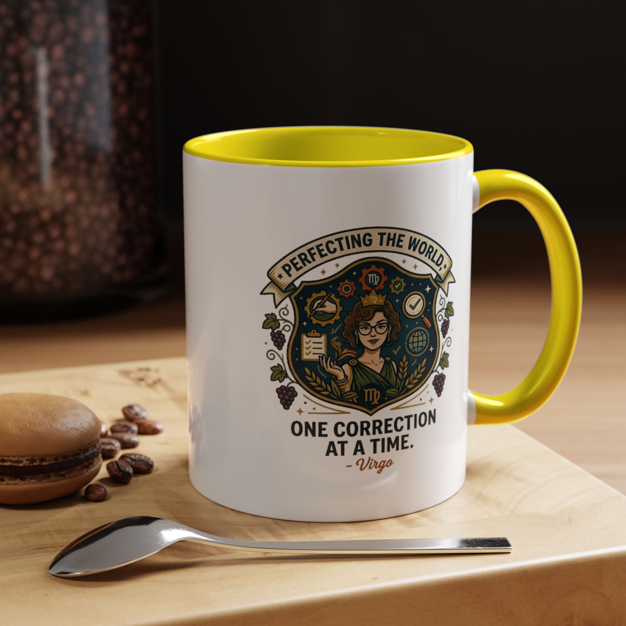 Virgo Coffee Mug — "Perfecting the World: One Correction at a Time" Accent Astrology Gift