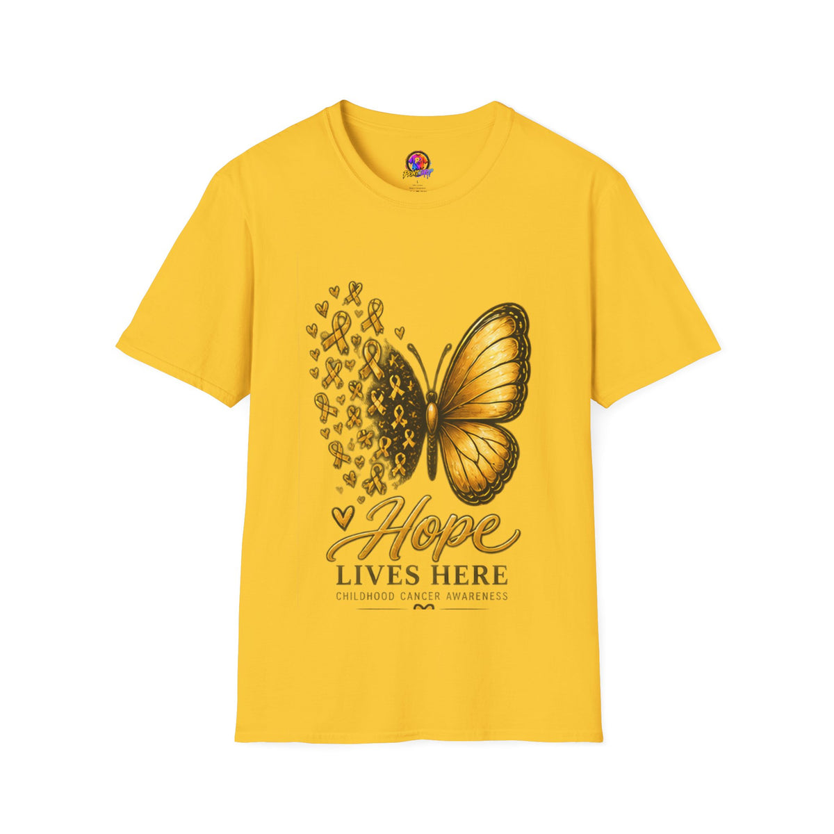 Hope Lives Here Gold Ribbon Butterfly Childhood Cancer Awareness T-Shirt