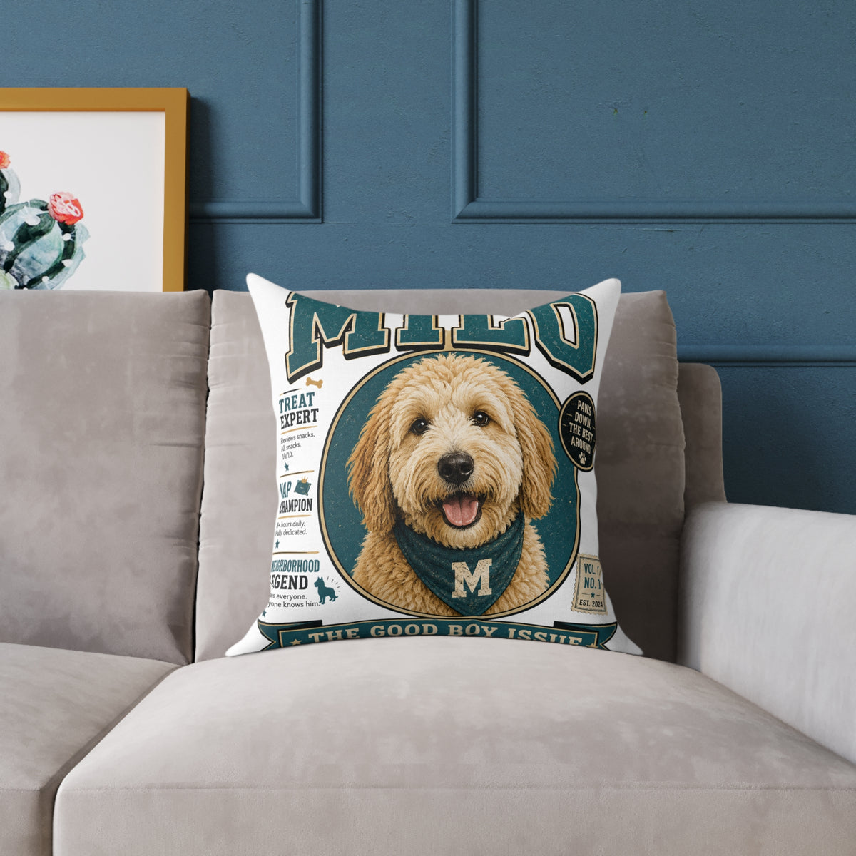 Personalized Dog Portrait Pillow — Milo Bailey Dog Dad Mom  'Milo' Vintage Pet Photo Square Throw Pillow