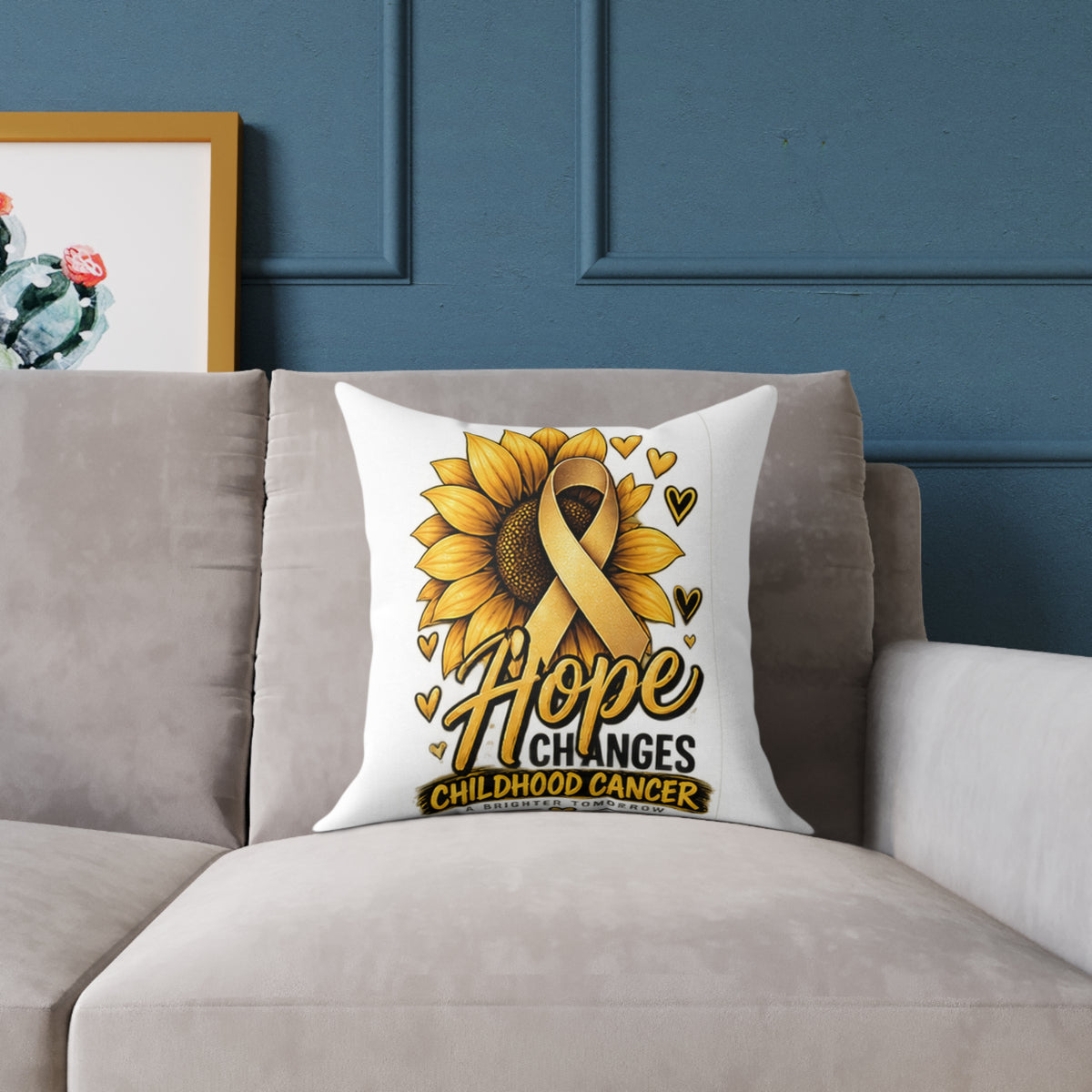 Childhood Cancer Awareness Pillow — 'Hope Changes' Sunflower Ribbon Square Throw Pillow