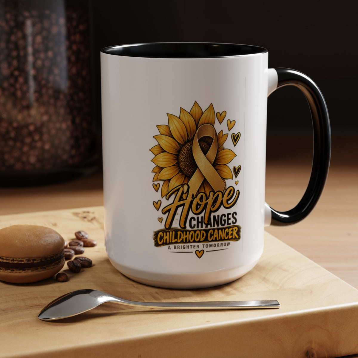 Hope Changes Childhood Cancer Mug – Gold Ribbon Sunflower Accent Coffee Cup (11/15oz)